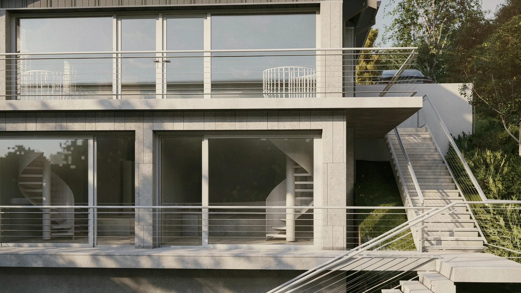Casa B – fațada locuinței și circulația exterioară pe teren în pantă