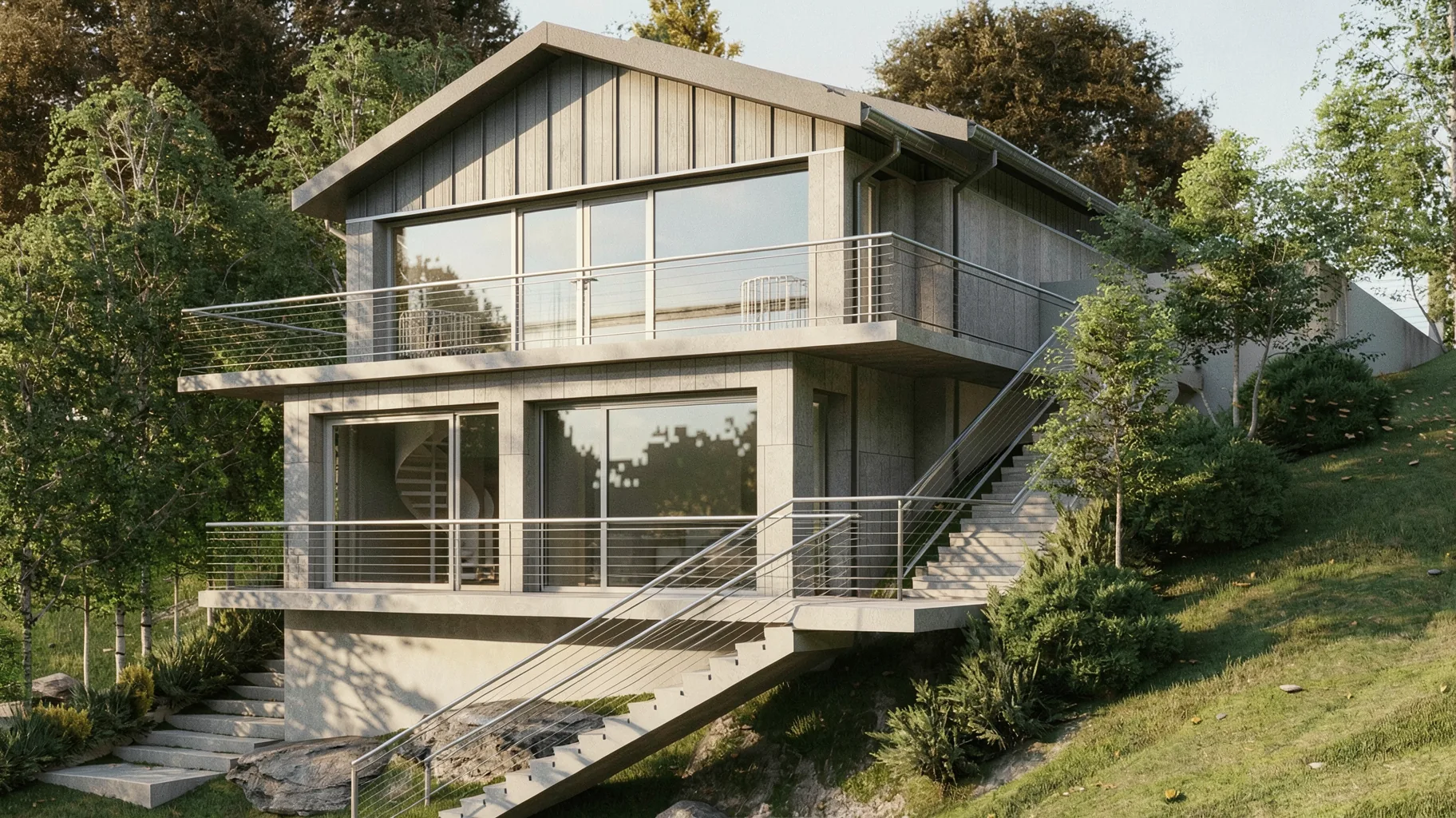 Casa B – vedere exterioară cu suprafețe vitrate ample și terase
