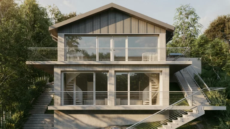 Casa B – vedere generală a locuinței integrate în terenul în pantă