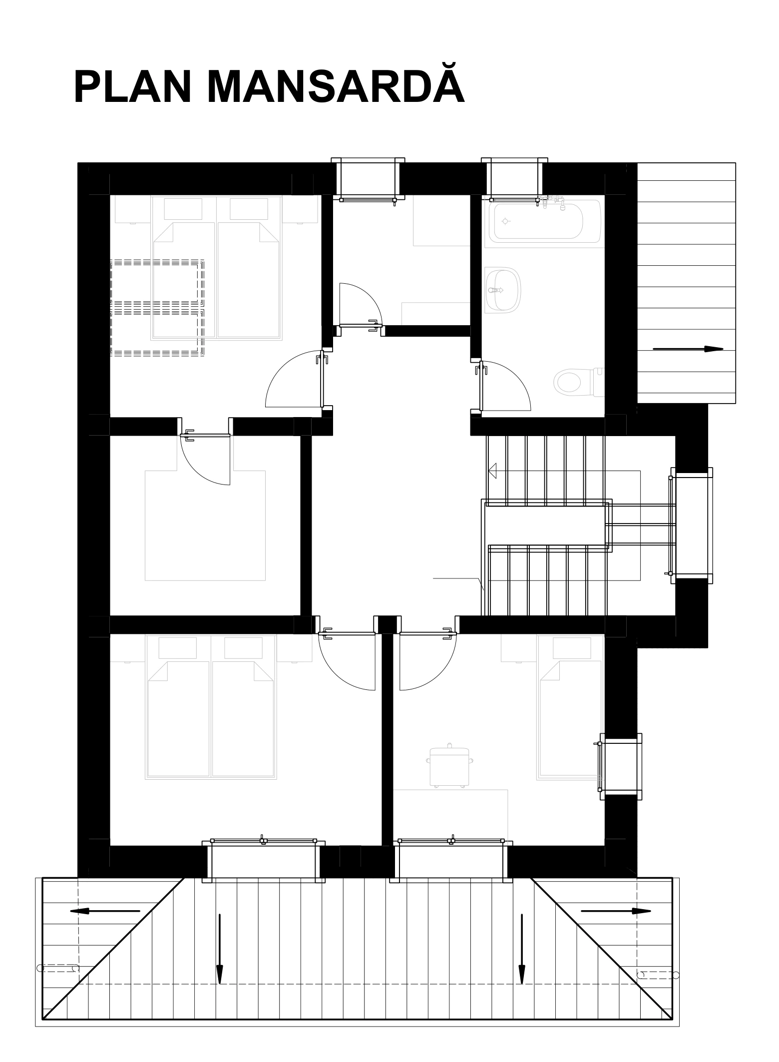 Casa C – plan mansardă și compartimentarea spațiilor