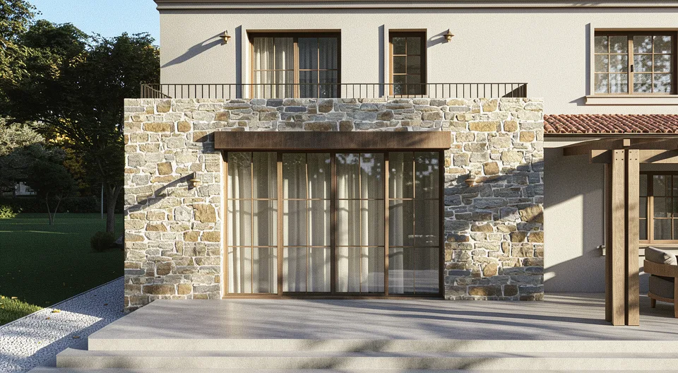 Casa D – fațadă laterală cu piatră naturală și terasă