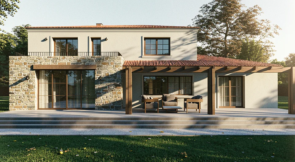 Casa D – fațadă posterioară cu terasă și pergolă