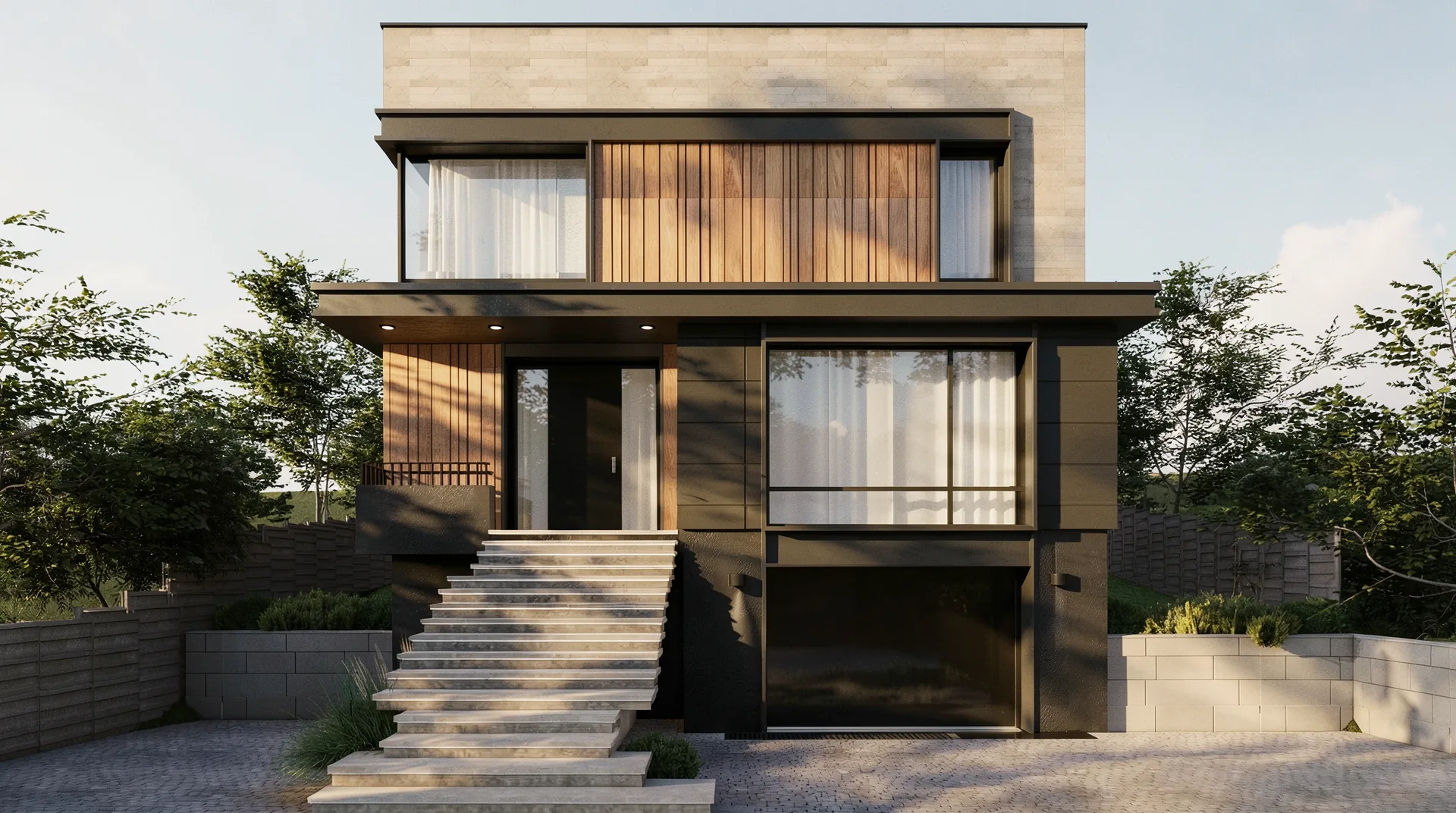 Casa E – vedere frontală a locuinței S+P+1 cu acces la garaj