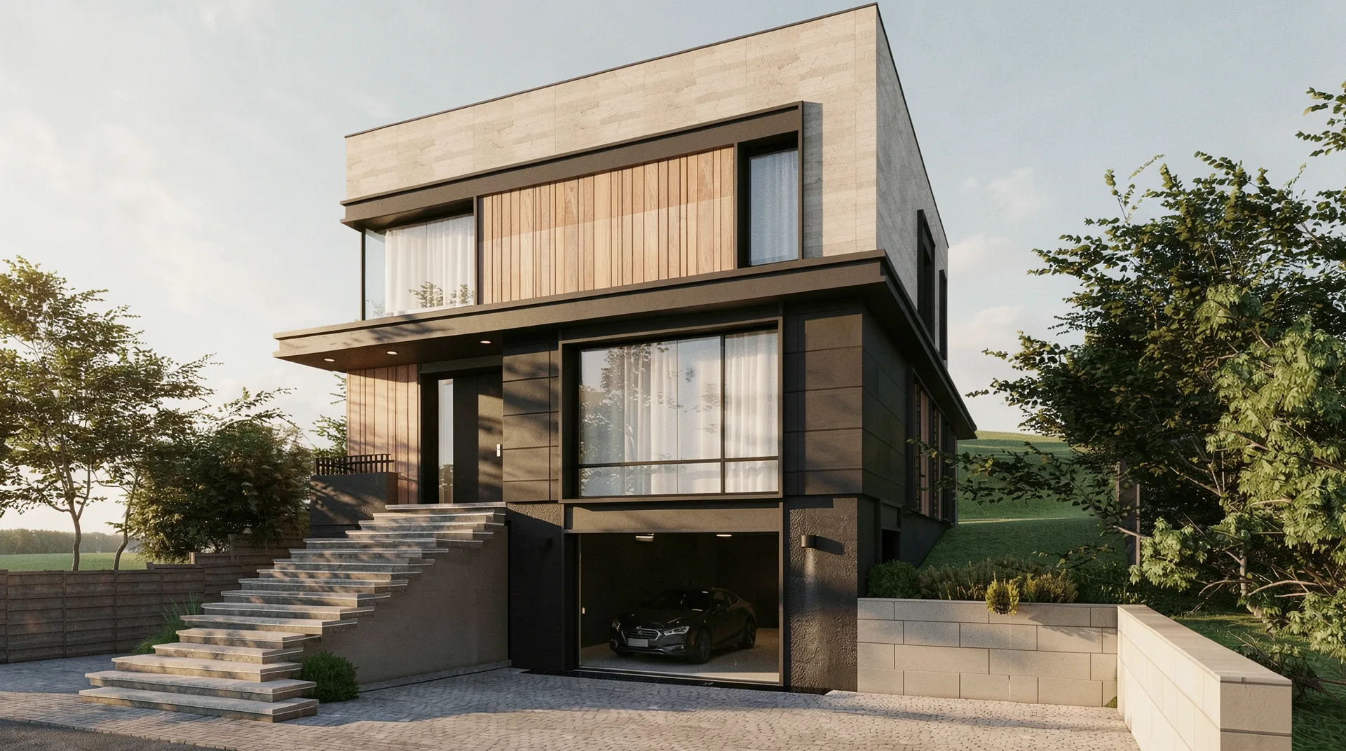 Casa E – perspectivă frontală a locuinței cu etaj și garaj la subsol
