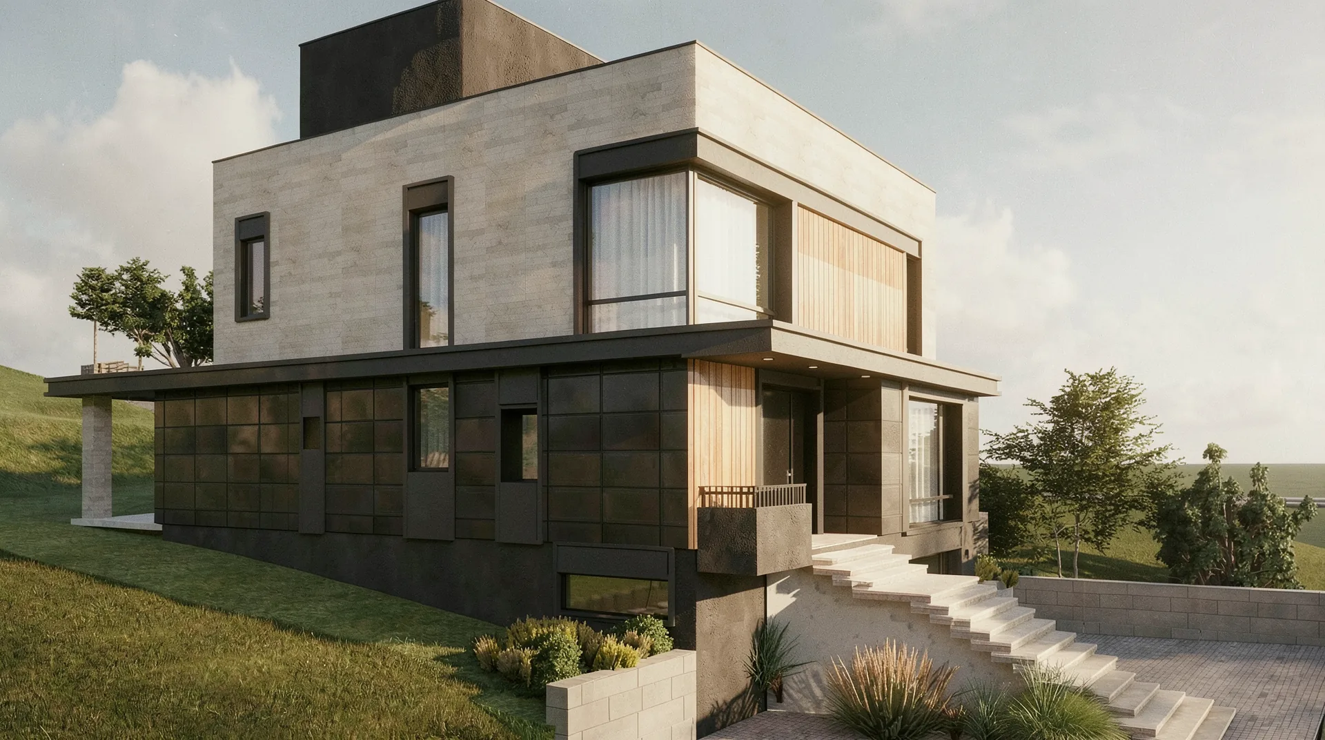Casa E – perspectivă laterală a locuinței pe teren în pantă