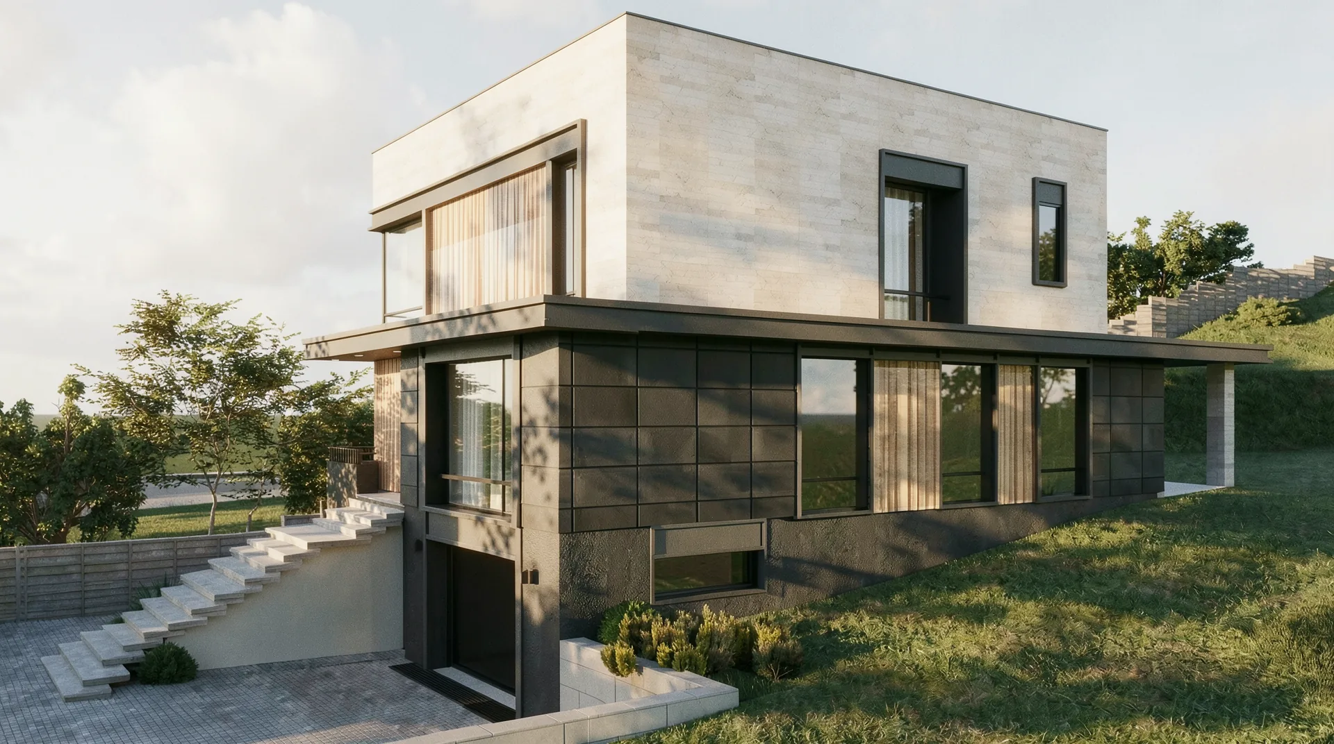 Casa E – vedere laterală a locuinței cu subsol, parter și etaj