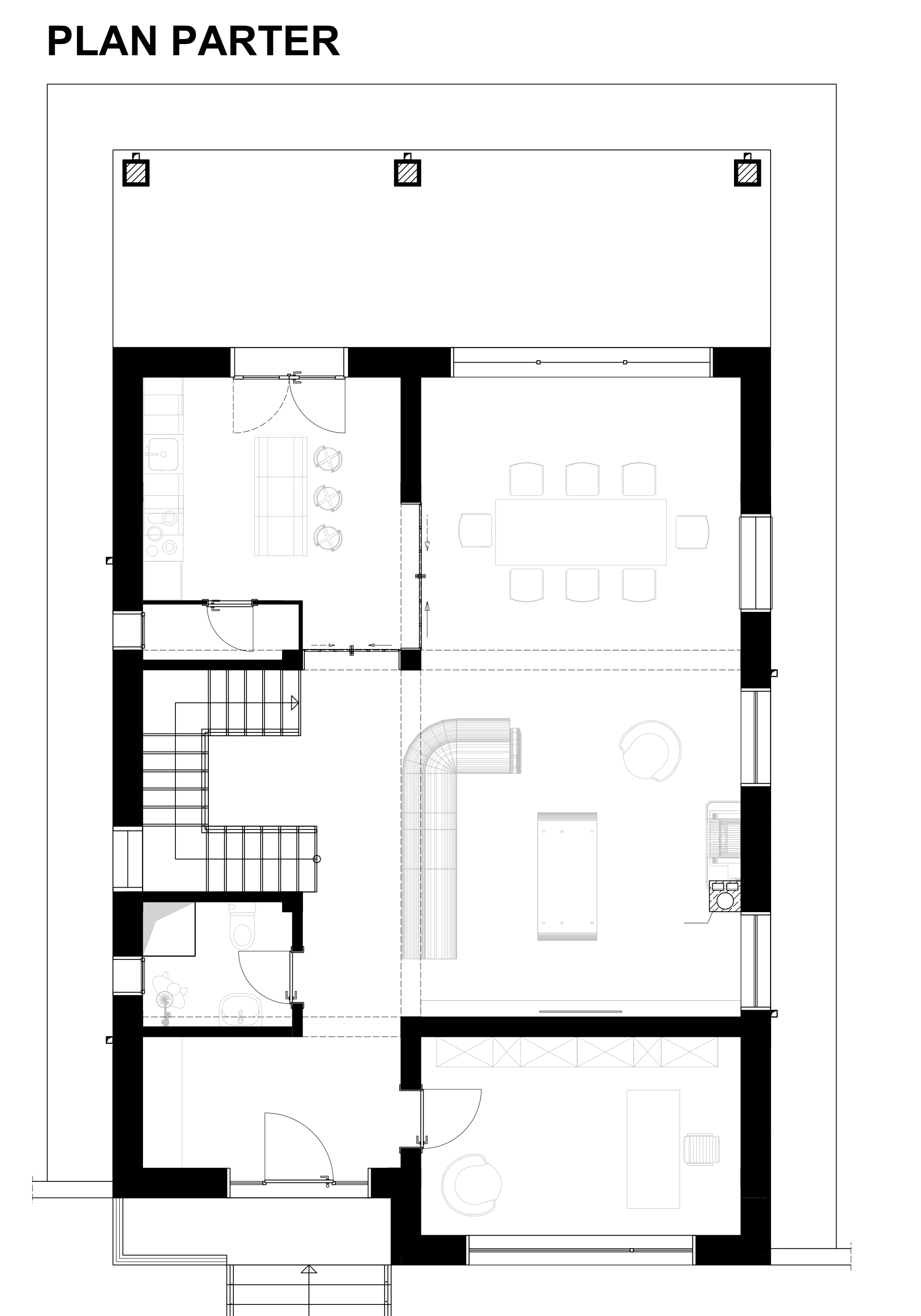 Casa E – plan parter și compartimentarea zonei de zi