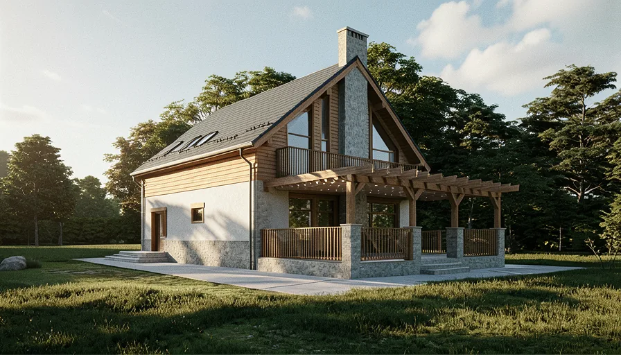 Casa F – perspectivă exterioară a locuinței unifamiliale P+M cu terasă acoperită