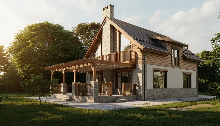 Casa F – vedere principală a locuinței P+M cu balcon și pergolă din lemn