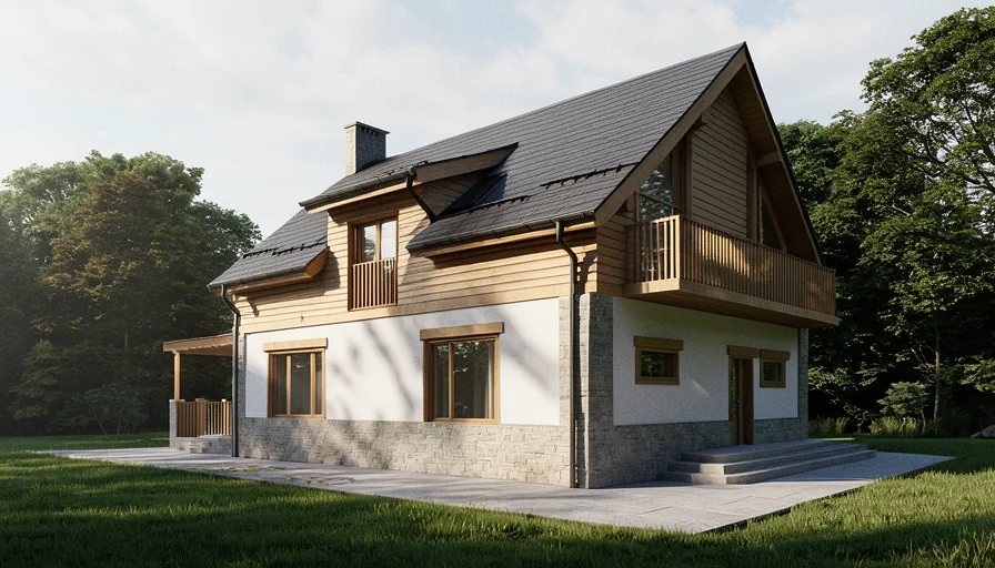 Casa F – vedere laterală și posterioară a locuinței unifamiliale P+M