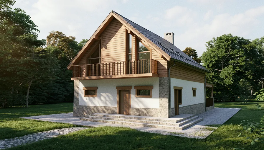 Casa F – fațadă laterală a locuinței P+M cu balcon și acces secundar