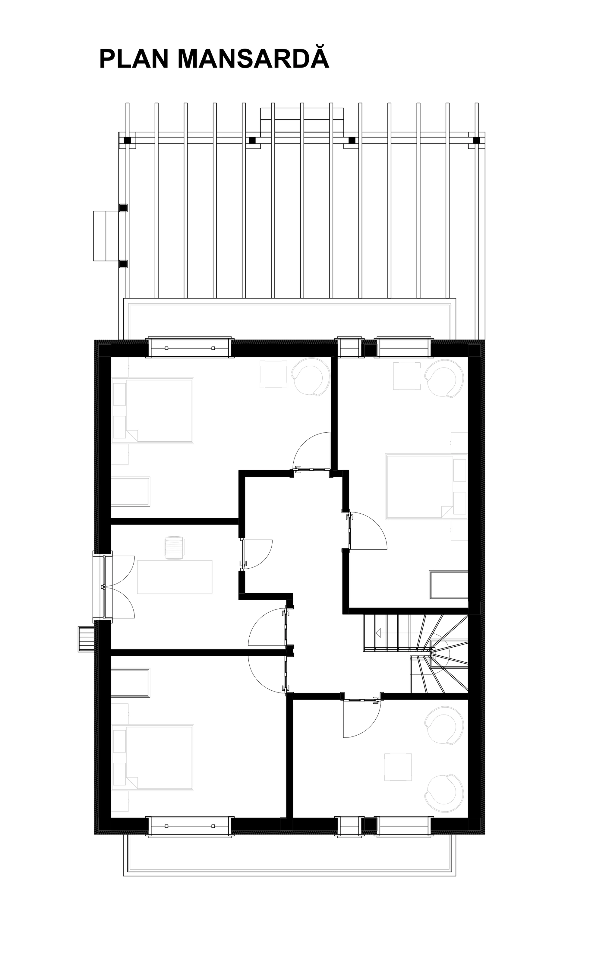 Casa F – plan mansardă și compartimentarea spațiilor private