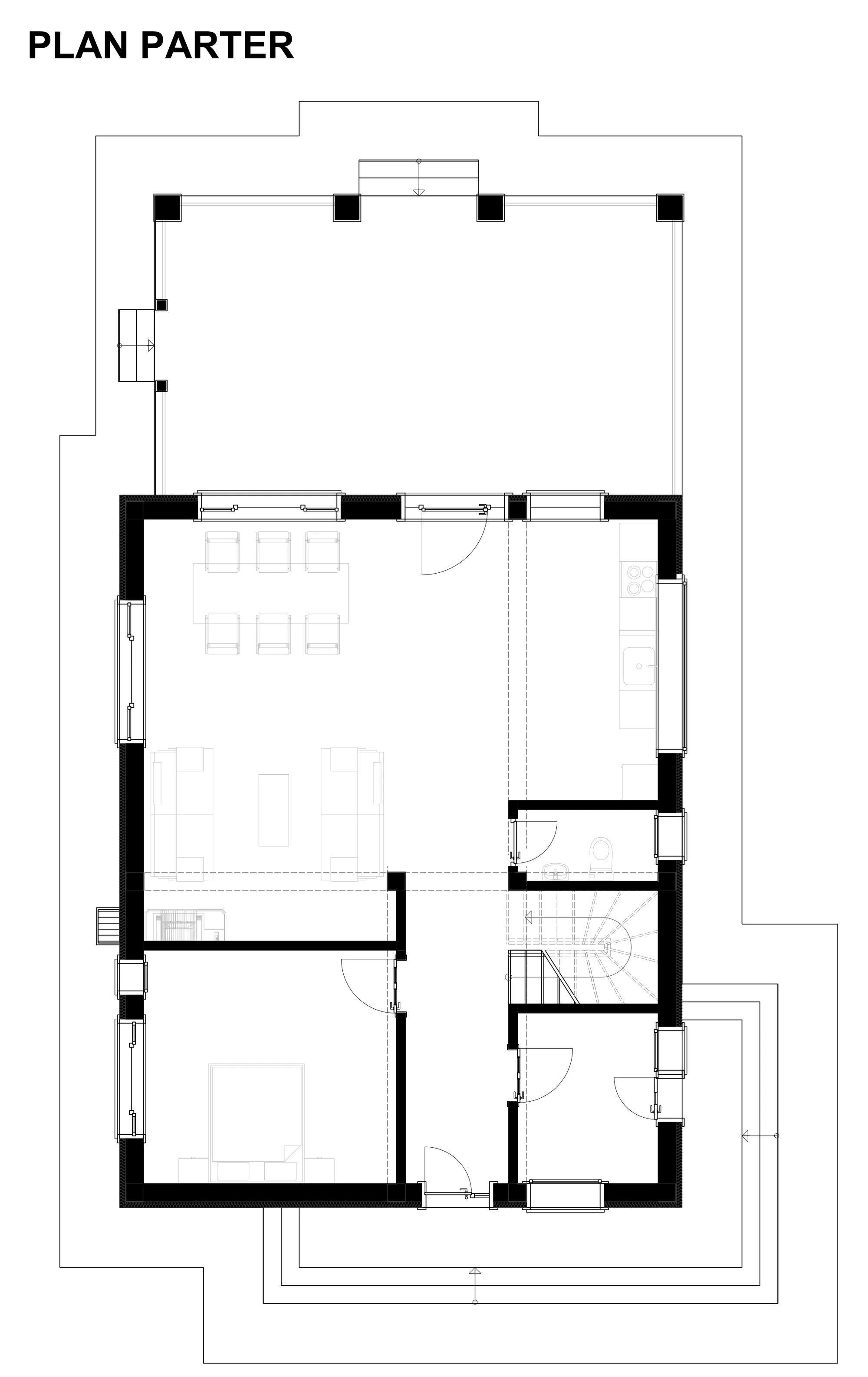 Casa F – plan parter și compartimentarea zonei de zi