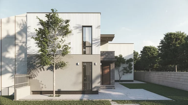Casa G – vedere principală a locuinței unifamiliale P+1 cu volumetrie contemporană