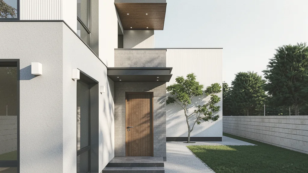 Casa G – perspectivă exterioară a locuinței P+1 cu fațadă albă și accente închise