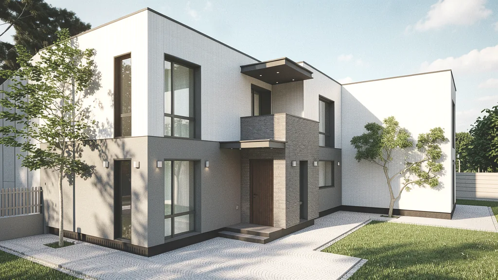 Casa G – vedere laterală a locuinței unifamiliale P+1 și amenajarea exterioară